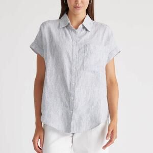NWT Quince 100% European Linen Camp Shirt Top Blue White Pinstripe Womens Size L